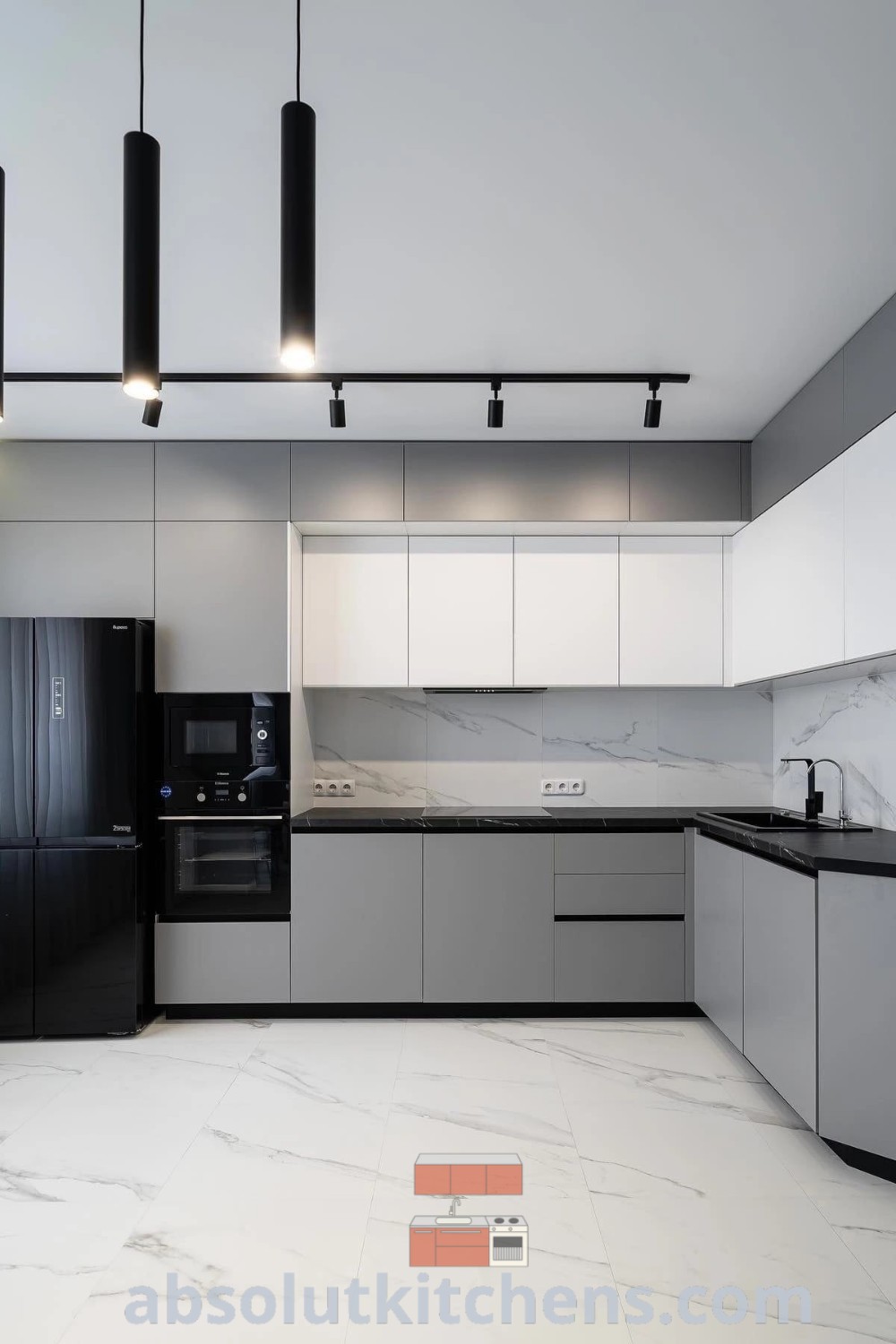 A modern kitchen featuring sleek gray wallpaper design, modular cabinets, and elegant touches that inspire simple kitchen design ideas. Explore unique kitchen layout plans and decor inspirations to create a cozy home at wellnesswink.com.