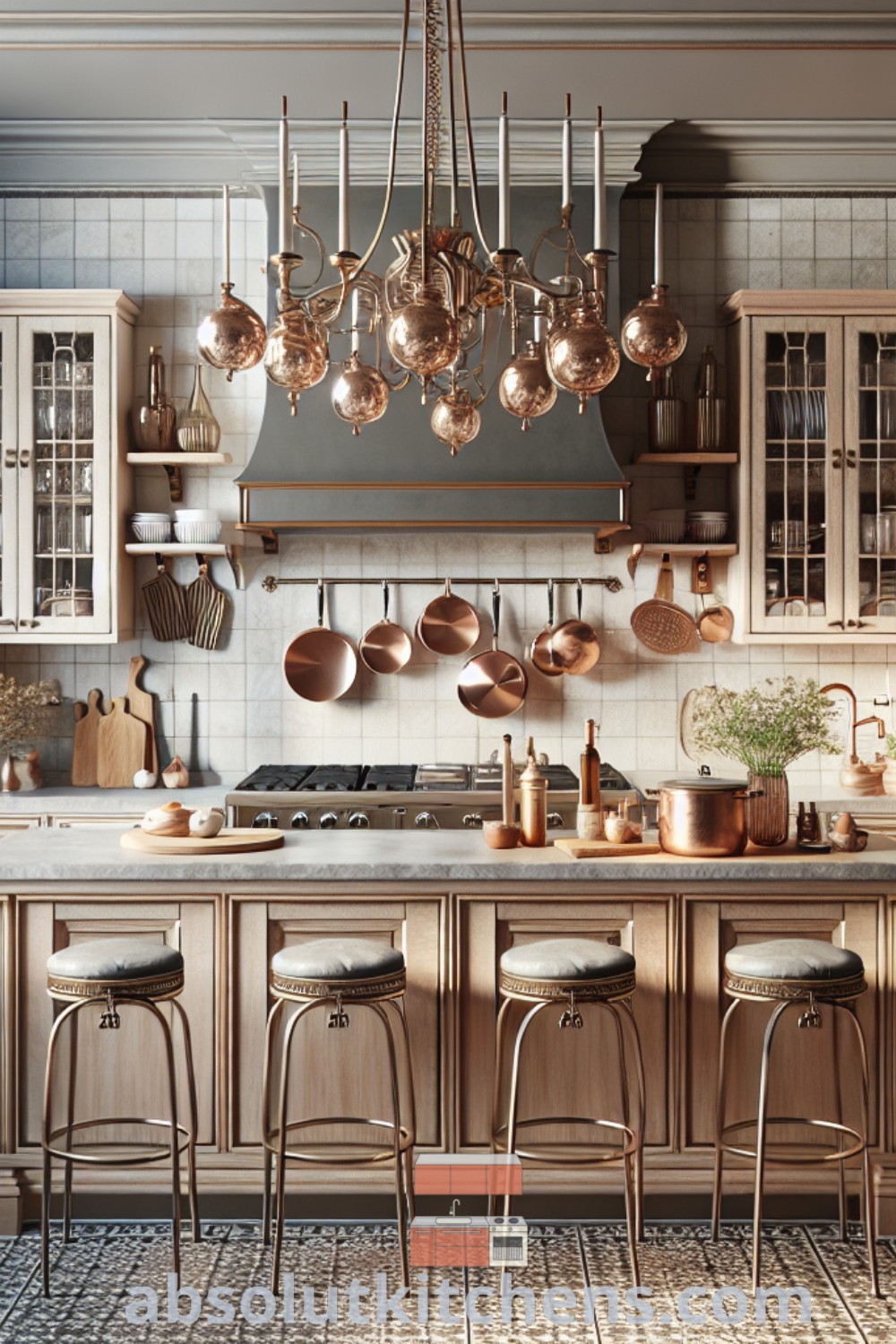 A modern French kitchen featuring white cabinets with copper accents, a vintage stove range, and a pot rack filled with copper cookware. The design showcases a cozy aesthetic with beige kitchen cabinets and tiled flooring, providing inspiring decor ideas for homeowners seeking sophistication. Visit absolutkitchens.com for more kitchen design trends and ideas.