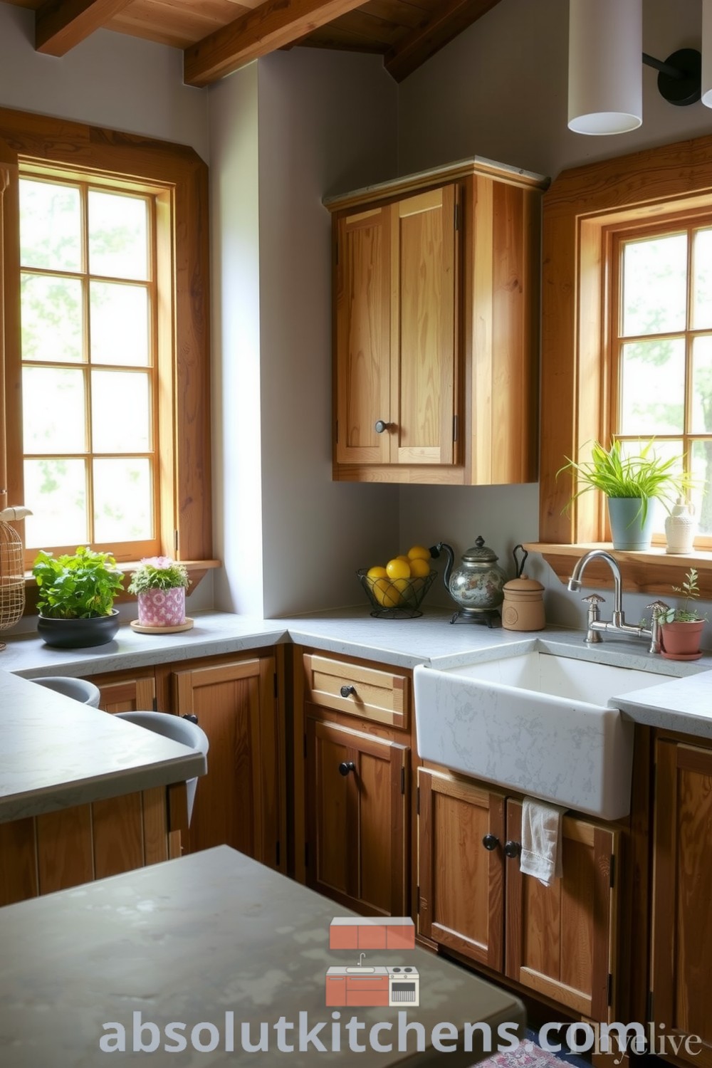 Cozy nature-inspired kitchen featuring warm wooden cabinets, a rustic farmhouse sink, stone countertops, and potted herbs on the windowsill, providing inviting decor ideas for a comforting and functional home environment at absolutkitchens.com.