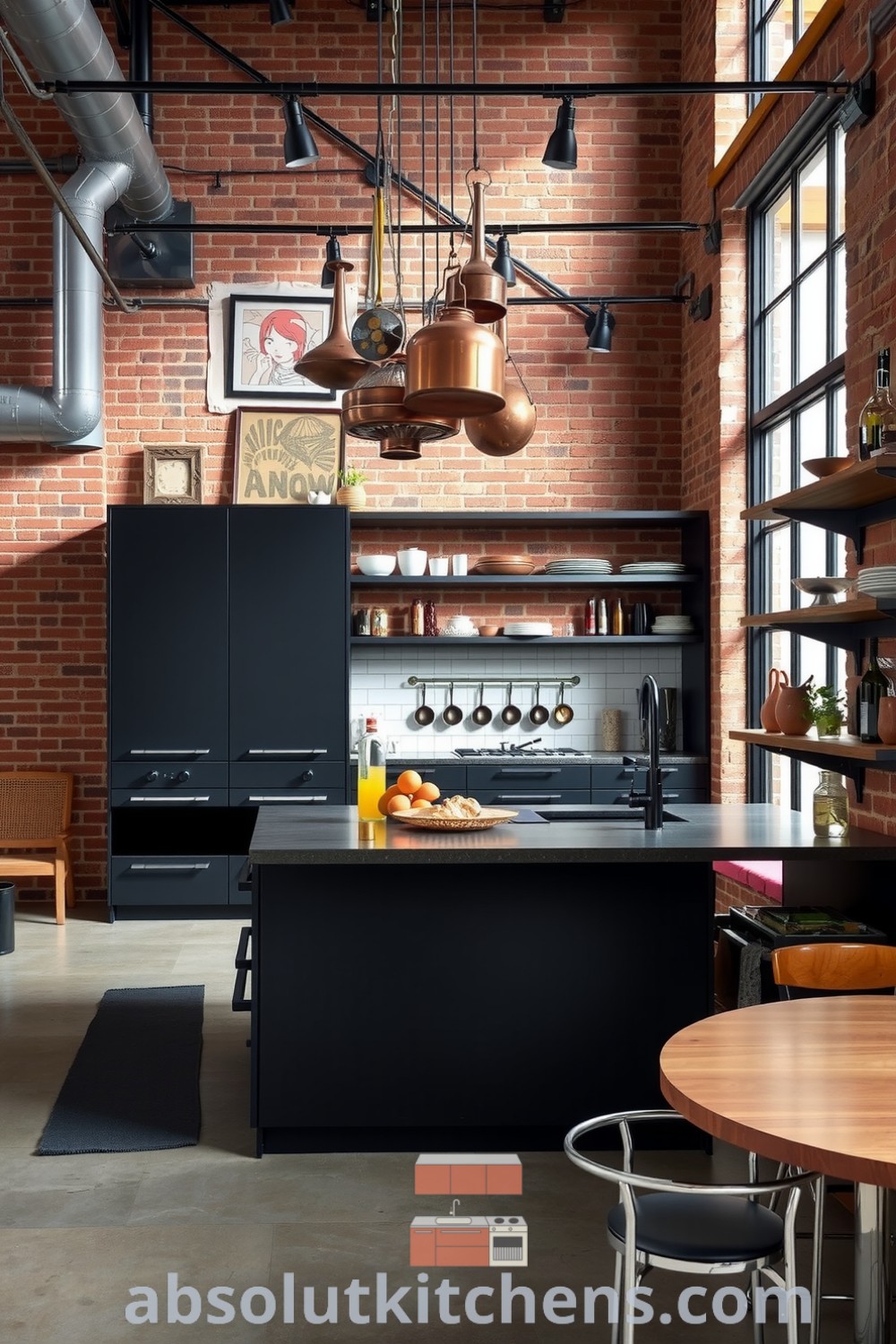 Cozy loft kitchen with industrial design featuring exposed brick walls, concrete flooring, dark cabinetry, large windows, metal accents, and open shelving displaying handmade ceramics, providing cozy ideas for your home, inspiring decor ideas and unique design inspirations from fireplacesandwoodstoves.com.