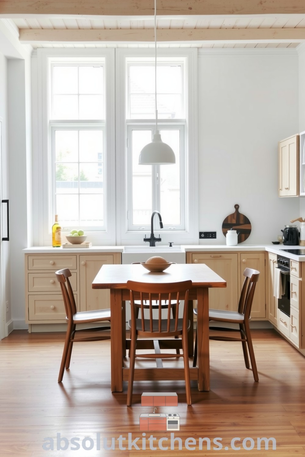 Scandinavian kitchen with white walls, light oak cabinetry, a stone countertop, a large farmhouse sink, a rustic wooden table, and minimalist chairs, creating a cozy gathering spot, perfect for home inspiration at fireplacesandwoodstoves.com.