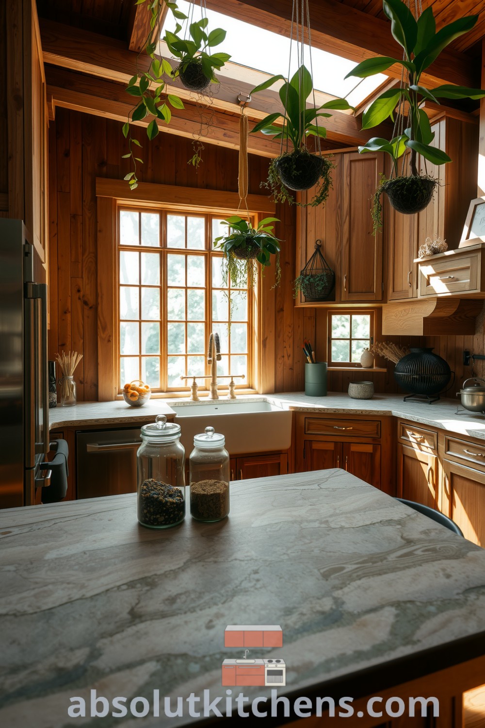 Cozy nature-inspired kitchen featuring reclaimed wood cabinetry, a large stone island with mossy green veining, colorful spice jars, and hanging plants, creating a fresh and inviting atmosphere at absolutkitchens.com.