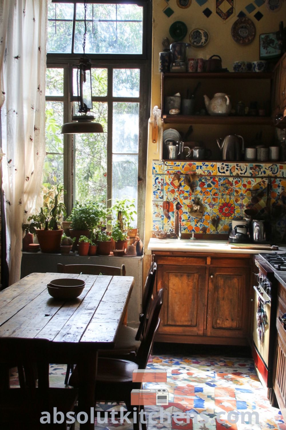 Bohemian Kitchen scene on absolutkitchens.com featuring eclectic decor, cozy kitchen vibes, and inspiring kitchen ideas for a warm, inviting atmosphere.