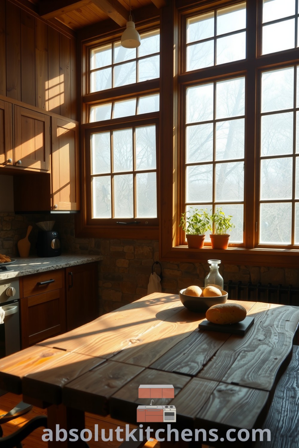Cozy nature-inspired kitchen with frosted glass windows, wooden cabinets, stone backsplash, and herb pots on the windowsill, creating an inviting atmosphere perfect for gatherings and baking. Explore more inspiring decor ideas for your home at absolutkitchens.com.