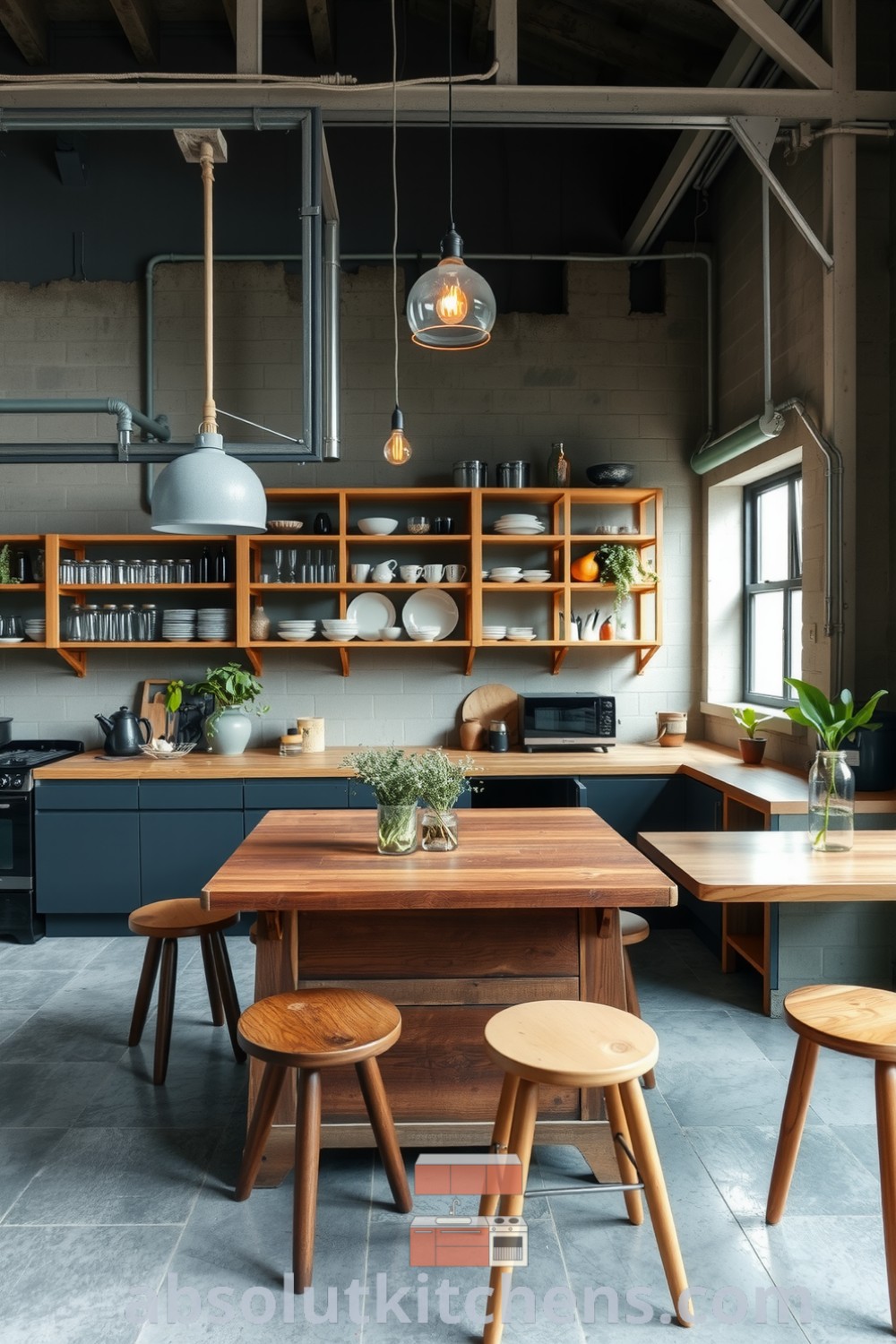 Cozy loft kitchen design featuring raw concrete walls, a large wooden island, mismatched stools, and open shelving filled with glass jars and pottery, creating a warm and inviting atmosphere, perfect for gatherings. Discover more cozy ideas at fireplacesandwoodstoves.com.