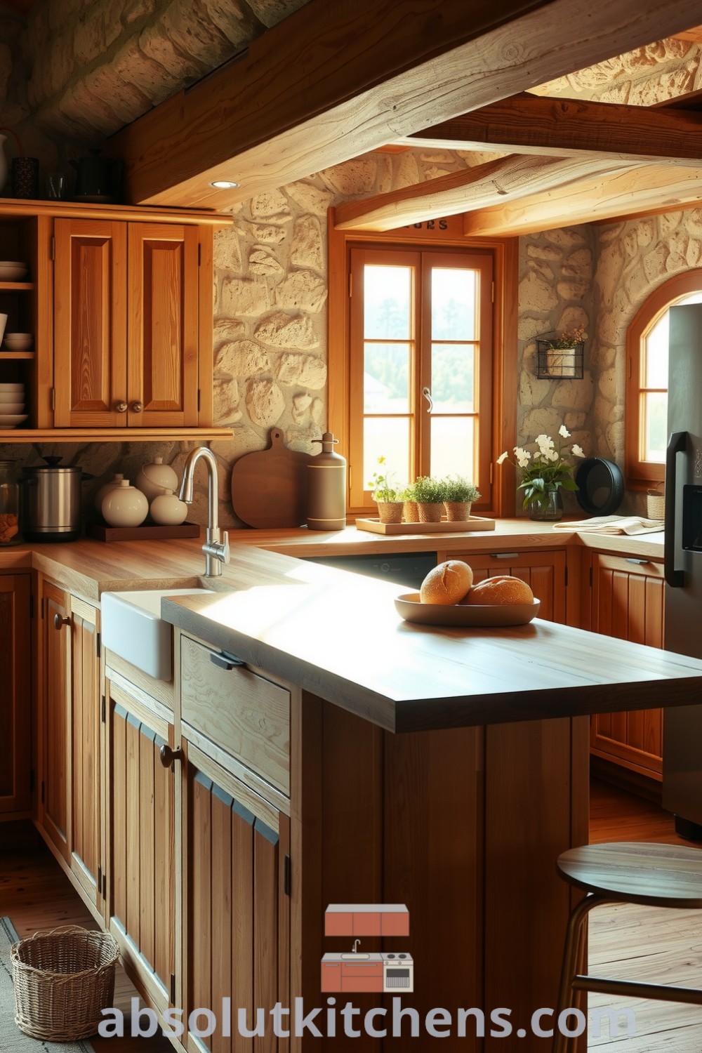 Cozy nature-inspired kitchen featuring warm wooden cabinetry, rough stone walls, an oak countertop, and potted herbs, creating an inviting atmosphere with earthy tones and organic shapes, perfect for your home decor ideas at absolutkitchens.com.