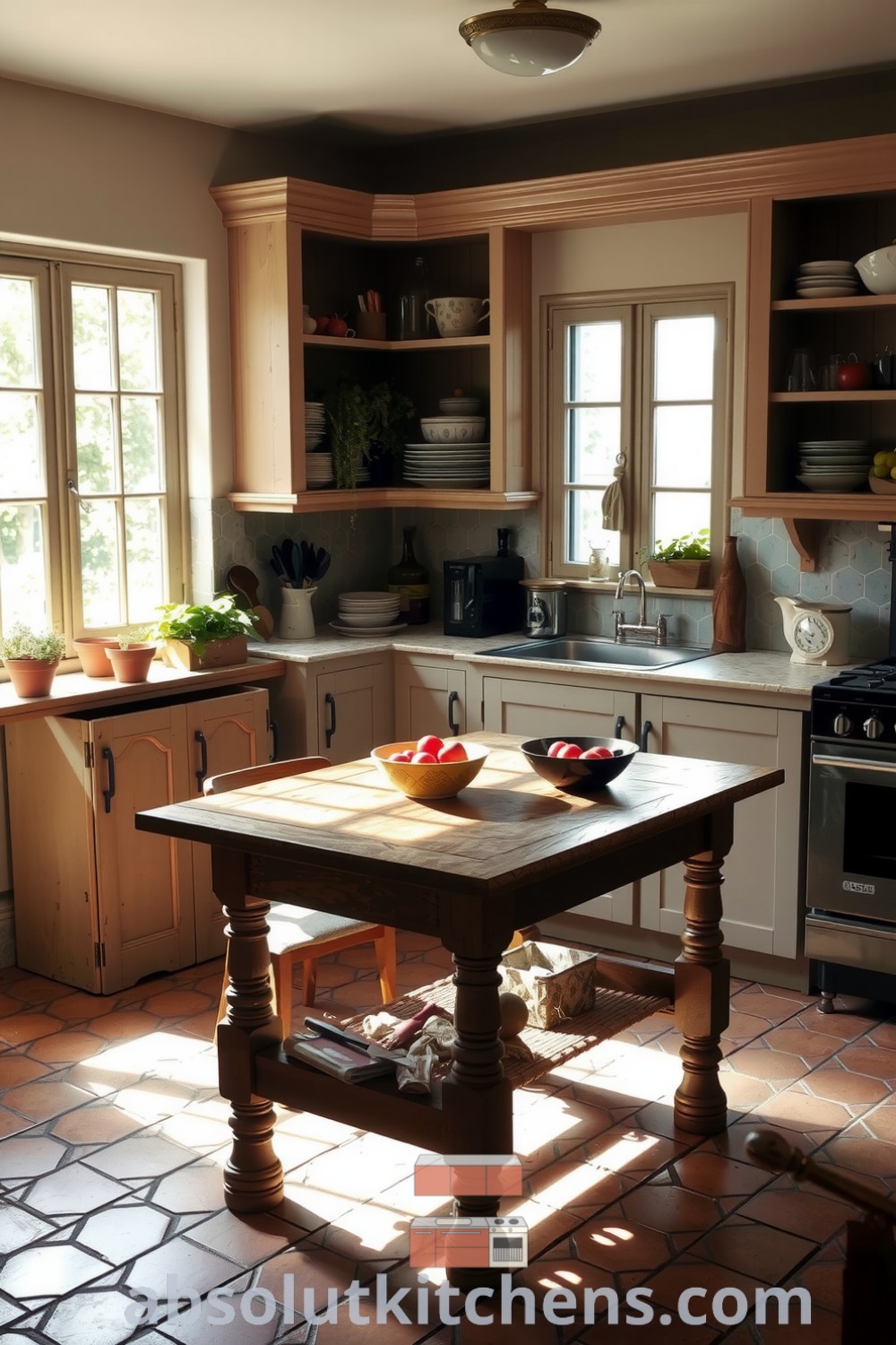 Cozy French kitchen with sunlight filtering through small paned windows, a sturdy oak table, pastel wooden cabinets, and thriving herbs, embodying warm decor ideas for an inviting home atmosphere. Visit absolutkitchens.com for more inspiring design ideas.