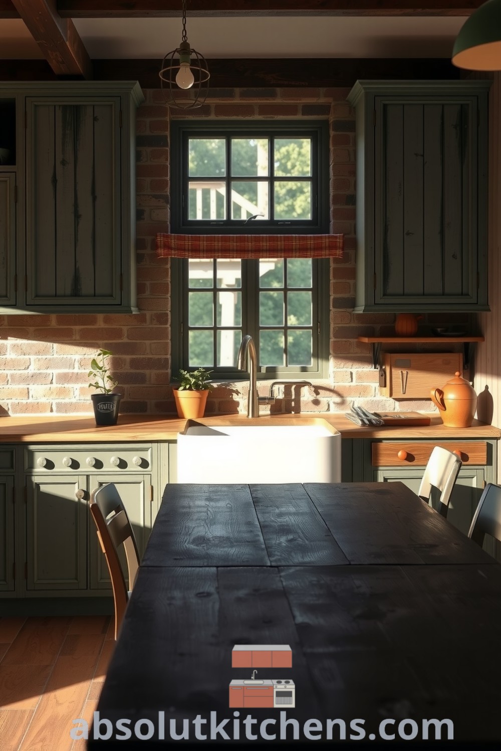 Cozy rustic kitchen featuring weathered wooden cabinetry, reclaimed brick backsplash, a farmhouse sink, and a heavy wooden table surrounded by mismatched chairs, creating an inviting atmosphere perfect for family gatherings. Visit absolutkitchens.com for more cozy design ideas and inspirations.
