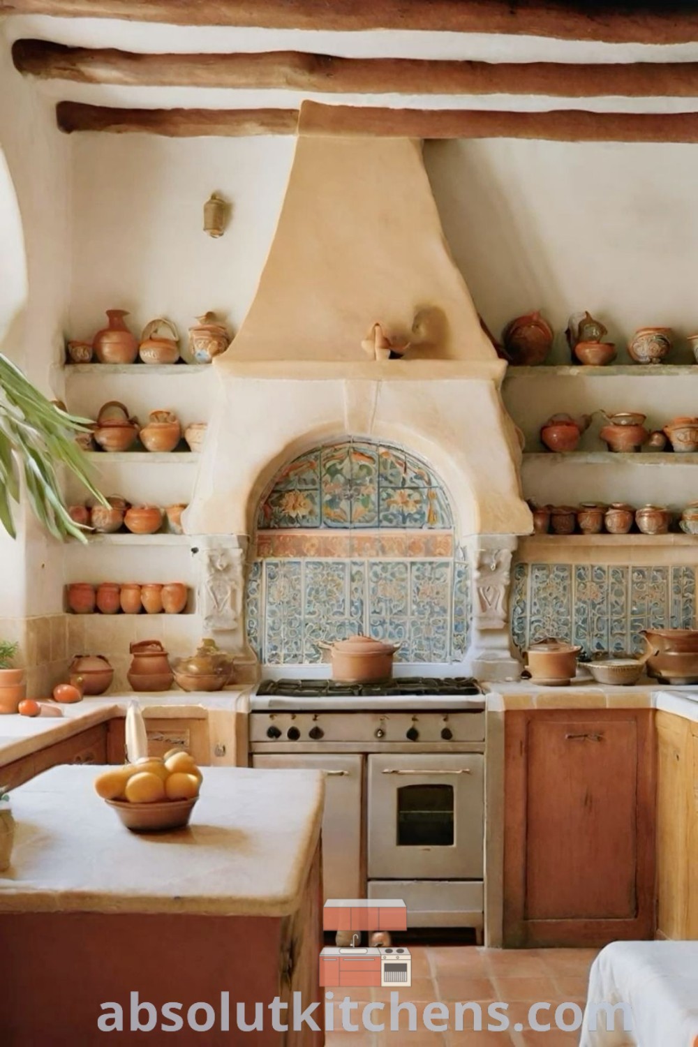 A cozy Italian summer kitchen featuring pots and pans displayed on shelves above the stove, perfectly representing Spanish style homes interior kitchen design trends. This inviting space combines functionality with inspiring decor ideas from absolutkitchens.com for those looking for warmth and character in their homes.