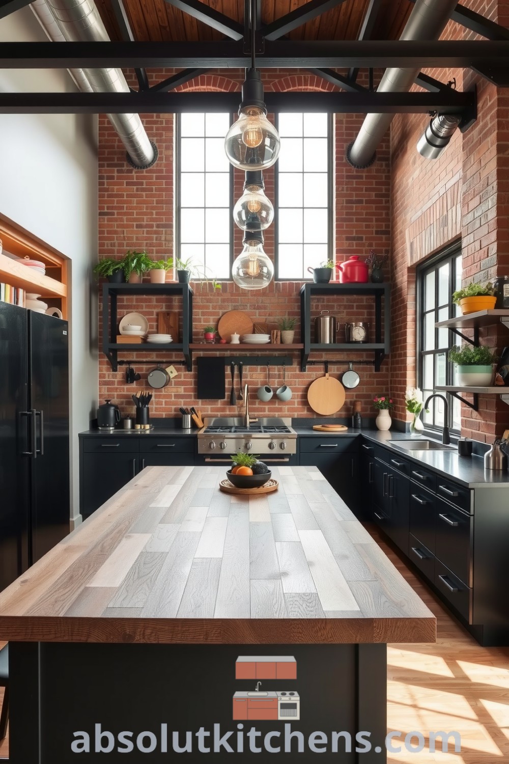 Stylish loft kitchen featuring a sleek black aesthetic, warm wood accents, exposed brick walls, and vintage lighting, perfect for casual cooking and cozy gatherings; visit fireplacesandwoodstoves.com for unique cozy home decor ideas and inspirations.