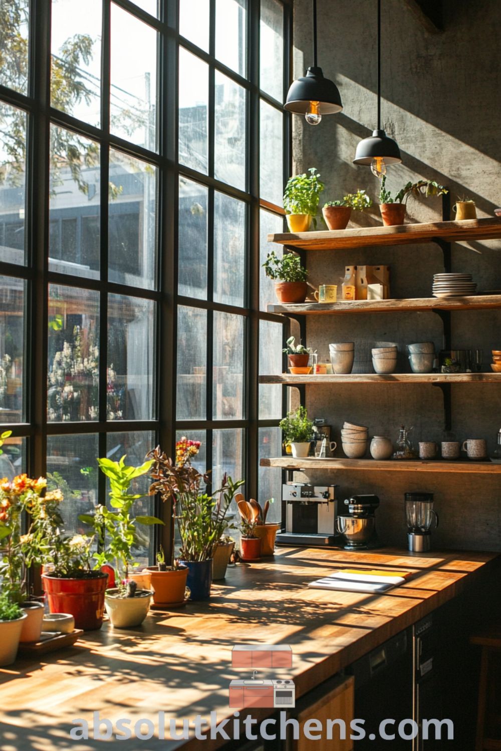 Loft Kitchen scene on absolutkitchens.com showcasing sleek metal fixtures, cozy aesthetic, and vibrant ceramic decor ideas for small spaces.