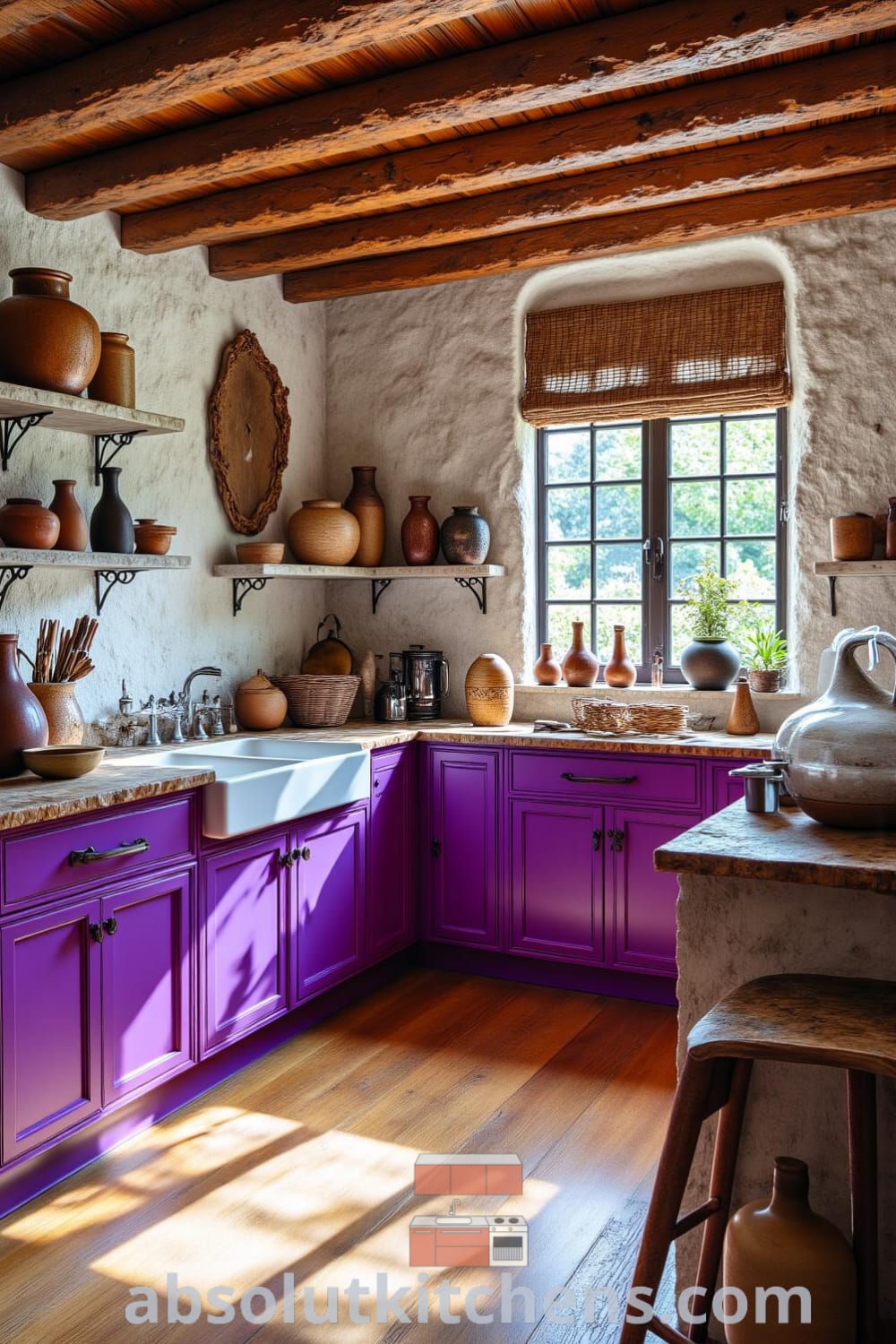 Rustic kitchen with textured wooden beams, rich purple accents, mismatched pottery, and sunlight filtering through a large window, creating a warm and inviting atmosphere, ideal for cozy home design ideas from fireplacesandwoodstoves.com.