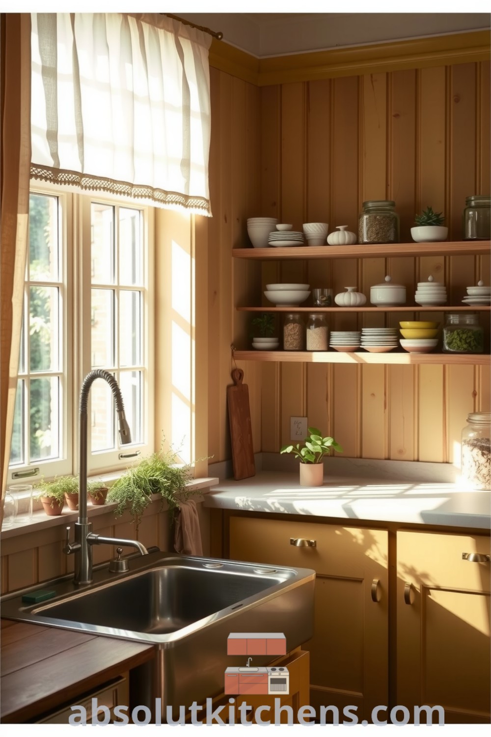 Cozy Swedish kitchen bathed in soft yellow light, featuring pine cabinetry, handmade ceramics, and fresh herbs, creating a warm and inviting gathering space, showcasing cozy home design ideas and unique decor inspirations, for more ideas visit fireplacesandwoodstoves.com.