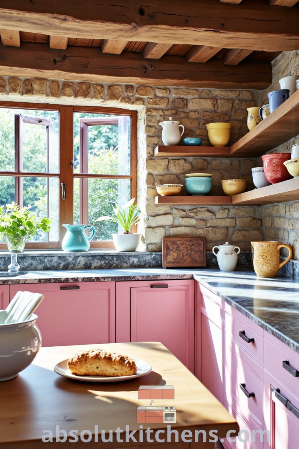 Rustic kitchen with exposed wooden beams, weathered stone wall, soft pink accents, and an aged marble countertop, showcasing colorful ceramic dishware, inviting gatherings with sunlight streaming through large windows, creating a cozy atmosphere for a welcoming home at fireplacesandwoodstoves.com.