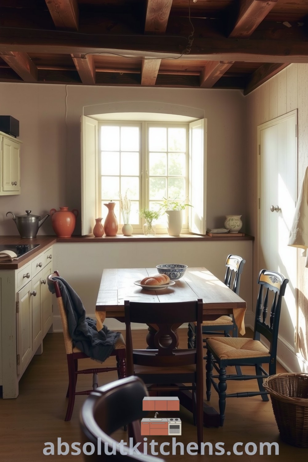Cozy French kitchen with cream walls, rustic wooden beams, a worn oak table, and mismatched vintage chairs, enhanced by sunlight streaming through paned windows, pottery, and herbs on the sill, offering inspiring decor ideas for your home at absolutkitchens.com.