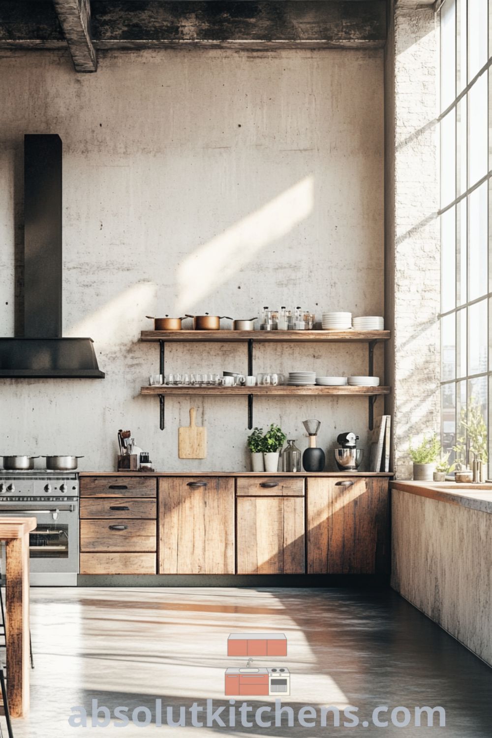 Urban loft kitchen on absolutkitchens.com showcasing a blend of industrial and rustic elements, cozy aesthetic, kitchen loft design, and inspired decor ideas for small spaces.