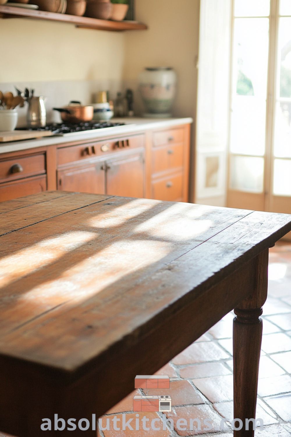 Cozy French kitchen with terracotta tiles, rustic wooden cabinets, colorful pottery, and copper utensils, featuring a warm inviting atmosphere perfect for family gatherings. Visit absolutkitchens.com for decor ideas and inspirations.