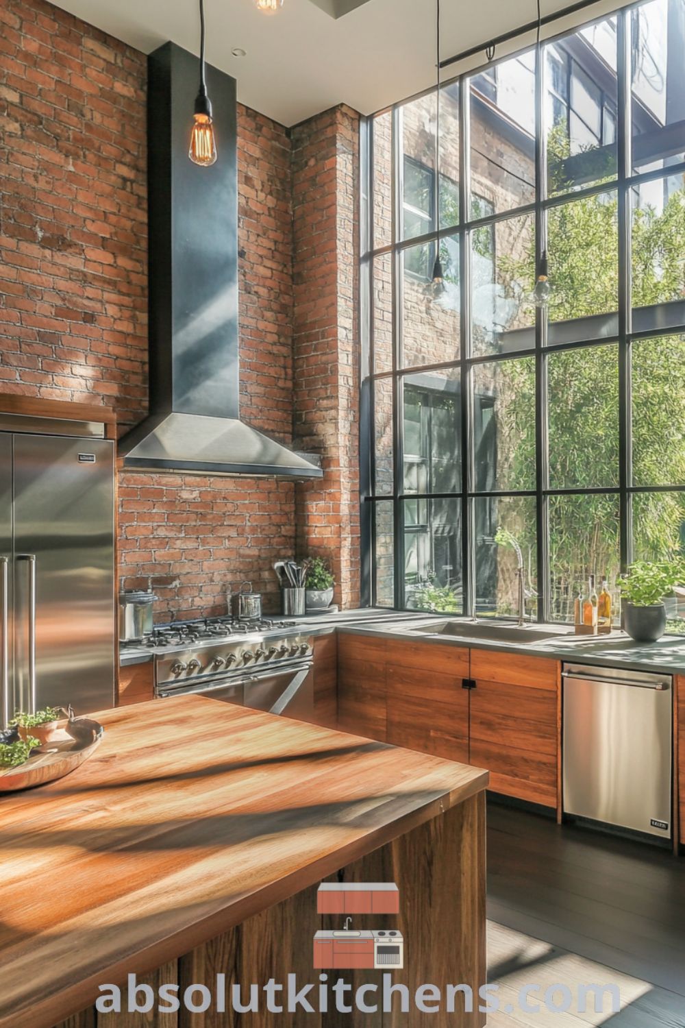 Urban loft kitchen ambiance on absolutkitchens.com with exposed brick, stainless steel appliances, and cozy lighting, showcasing loft kitchen design and decor ideas for small spaces.