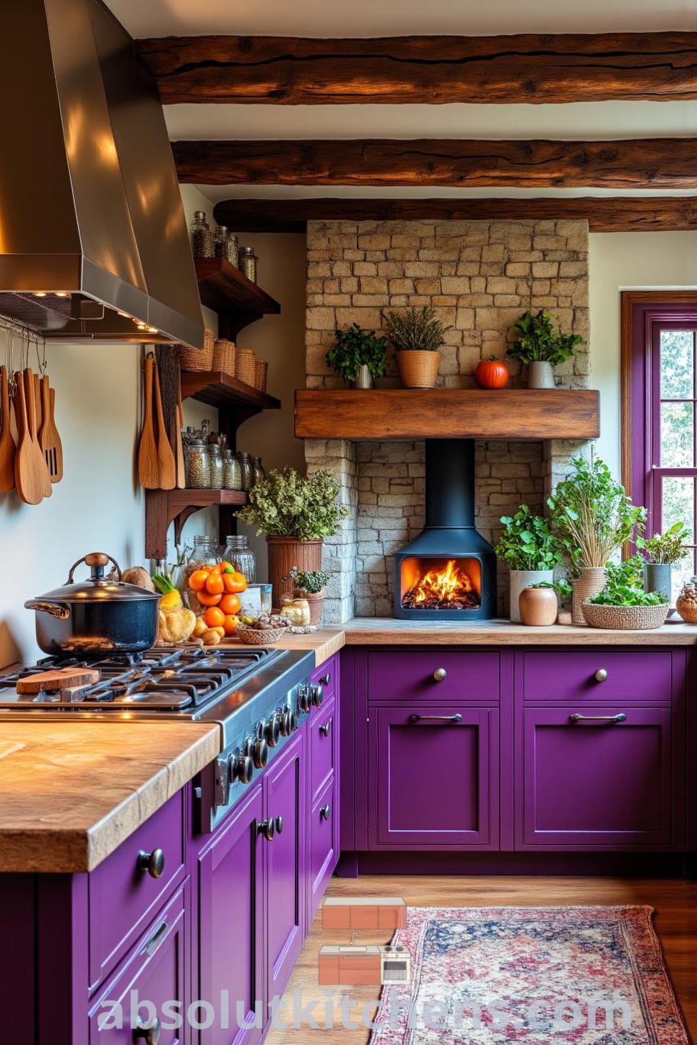 Rustic kitchen featuring warm shades of purple, wooden beams, a stone fireplace, handcrafted utensils, and jars of dried herbs. The cozy ambiance is enhanced with baskets of fresh produce and a welcoming atmosphere, making it a perfect space for design inspirations for your home. Visit fireplacesandwoodstoves.com for more cozy ideas.