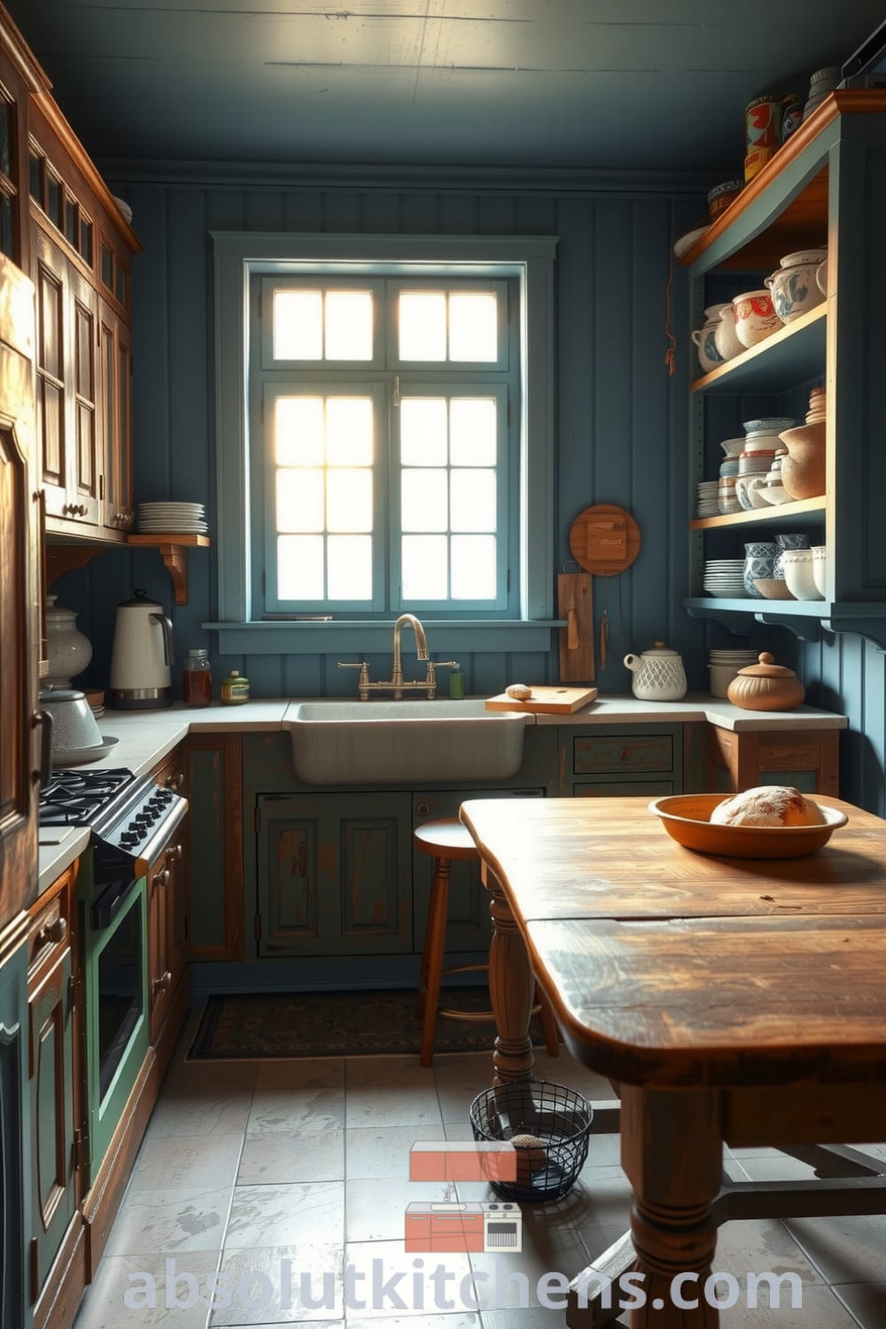Rustic kitchen featuring soft blue tones, worn wooden cabinets, a stone countertop, and an inviting farmhouse sink under a sunny window. Open shelving shows off mismatched ceramic dishes, while a sturdy wooden table at the center enhances the cozy, lived-in feel—perfect for inspiring unique decor ideas for your home. Visit fireplacesandwoodstoves.com for more cozy inspirations.