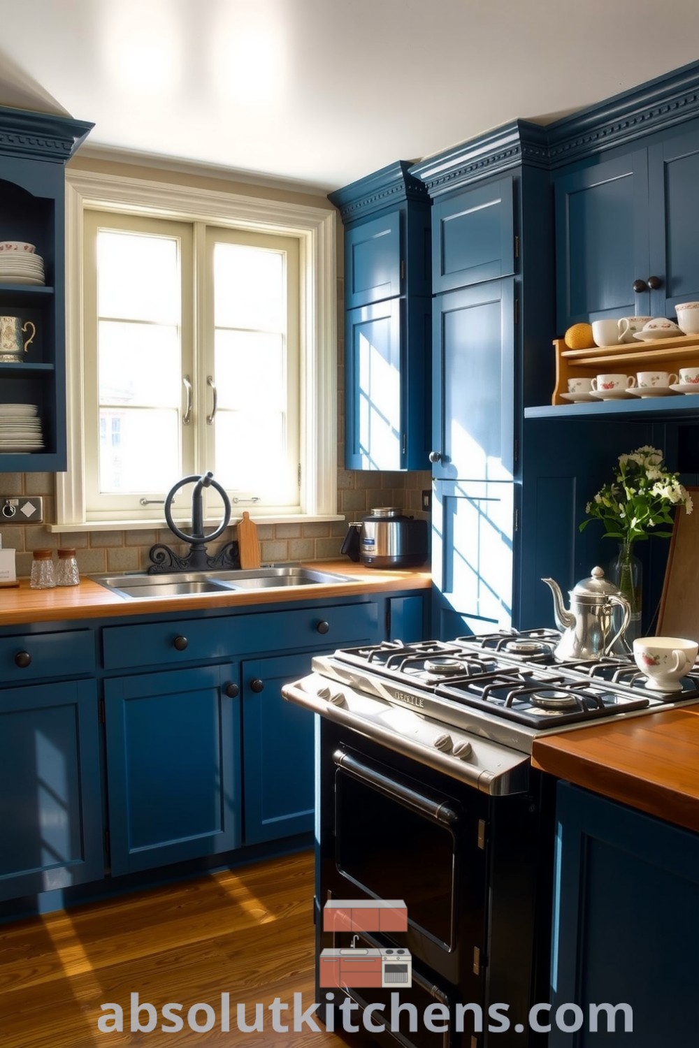 Cozy blue Victorian kitchen featuring deep blue cabinetry, warm honey-toned wooden floors, scalloped countertops, and an antique stove, adorned with mismatched teacups, creating an inviting atmosphere and cozy aesthetic. Visit absolutkitchens.com for inspiring decor ideas for your home.