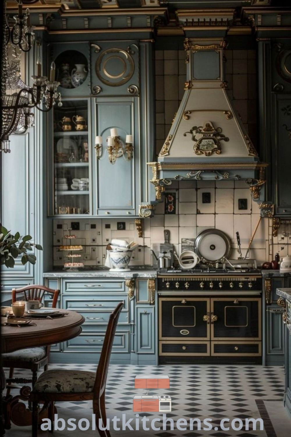 A beautiful blue and white kitchen featuring charming cabinetry, pantry decor, and a cozy aesthetic, reflecting French kitchen styles and Victorian influences. This dreamy kitchen showcases inspiring decor ideas for small spaces and offers practical kitchen cabinet color ideas. Discover more at absolutkitchens.com.