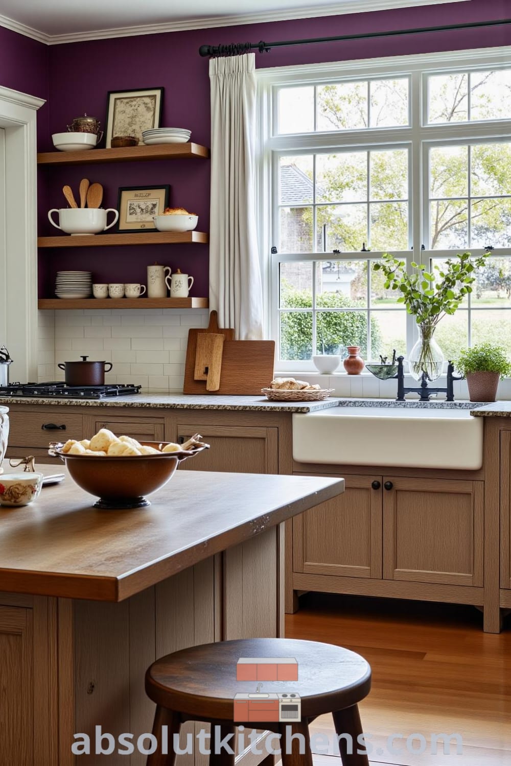 Rustic kitchen featuring deep purple accents, weathered oak cabinets, and granite countertops, enhanced by sunlight and mismatched ceramic dishes, creating a cozy home atmosphere perfect for gatherings, with unique decor ideas for warmth and comfort. Visit fireplacesandwoodstoves.com for more inspirations.