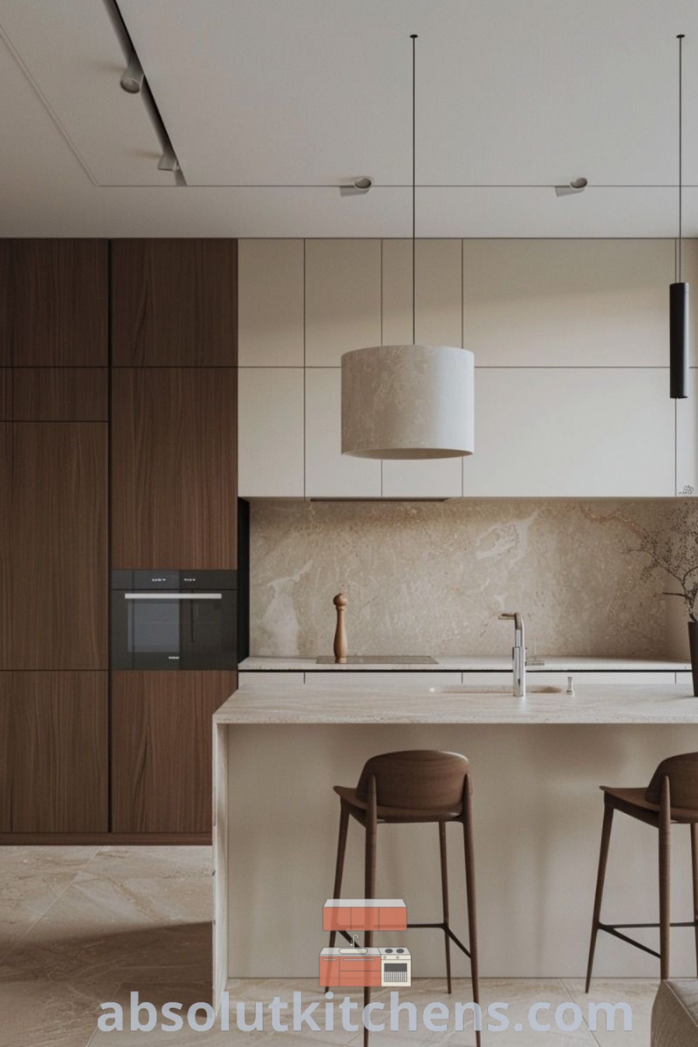 Two modern stools in front of a kitchen counter, showcasing a minimal Scandinavian kitchen design. Ideal for small kitchen ideas and decor inspirations, this scene highlights the beauty of modern wood kitchen design. Explore more unique ideas for your home at wellnesswink.com.