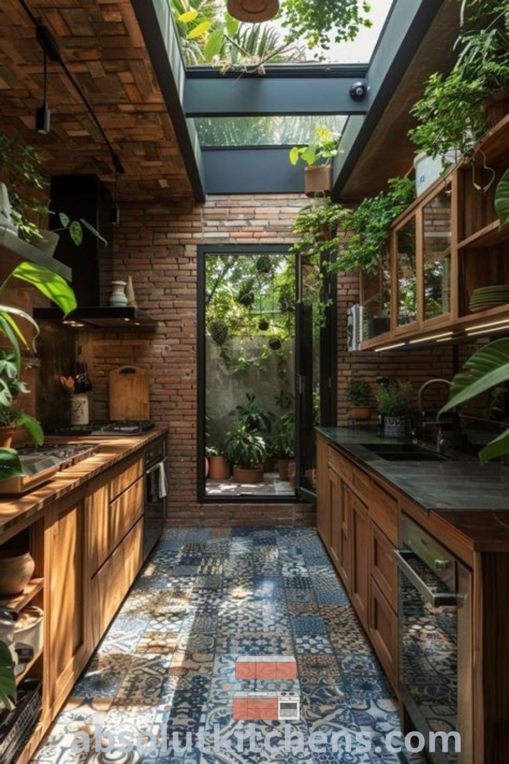 A cozy indoor kitchen with wooden cabinets, blue tile flooring, and potted plants, showcasing rustic kitchen design elements. This space represents skylight kitchen inspiration, perfect for house or apartment. Discover more on absolutkitchens.com for inspiring kitchen decor ideas.
