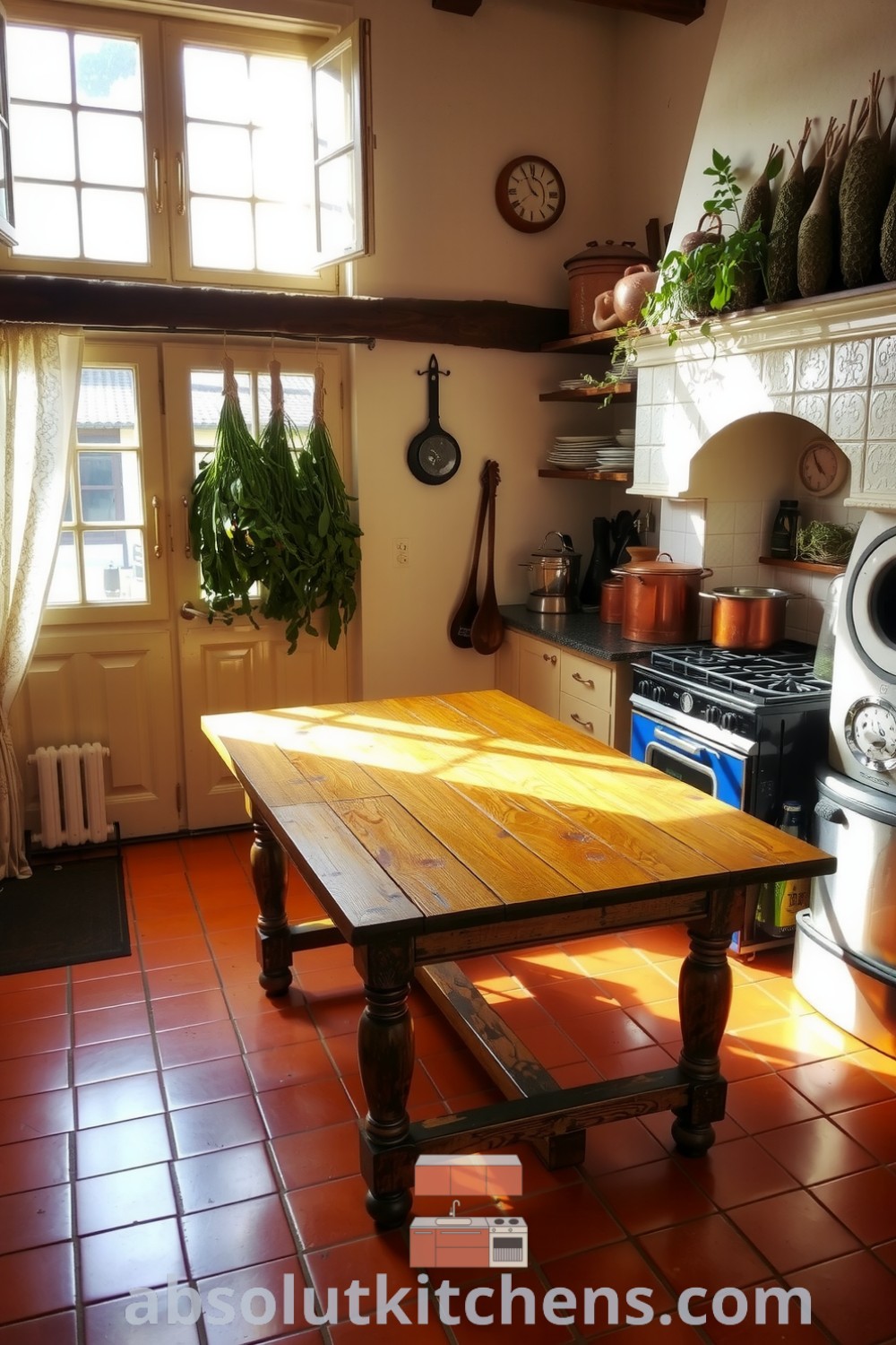 Charming French kitchen featuring warm terracotta tiles, creamy plaster walls adorned with herbs, a sturdy wooden table, and gleaming copper pots, creating a cozy and inviting atmosphere with design ideas for a home. Visit absolutkitchens.com for more inspiring decor ideas!