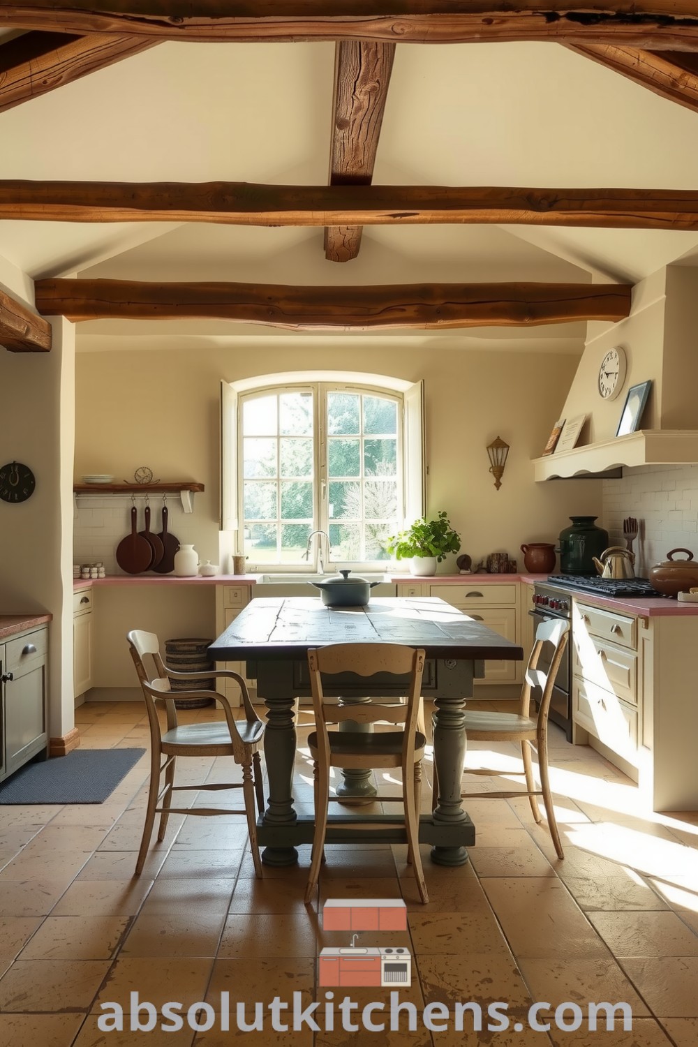 Cozy French kitchen featuring beige plaster walls, wooden beams, and a rustic farmhouse table surrounded by mismatched chairs, with a bubbling pot on the stove and sunlight streaming through vintage windows, offering unique decor ideas for a cozy home at absolutkitchens.com.