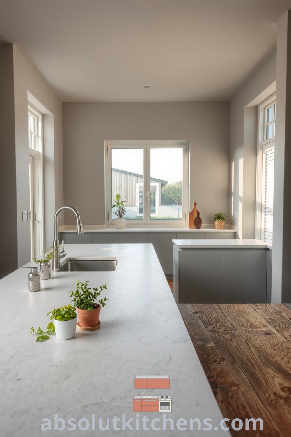 Minimalist grey kitchen with smooth stone countertops, large windows allowing morning sunlight, metal fixtures, wooden dining table, and scattered herbs in ceramic pots, providing cozy ideas and design inspirations for a warm, functional home at fireplacesandwoodstoves.com.