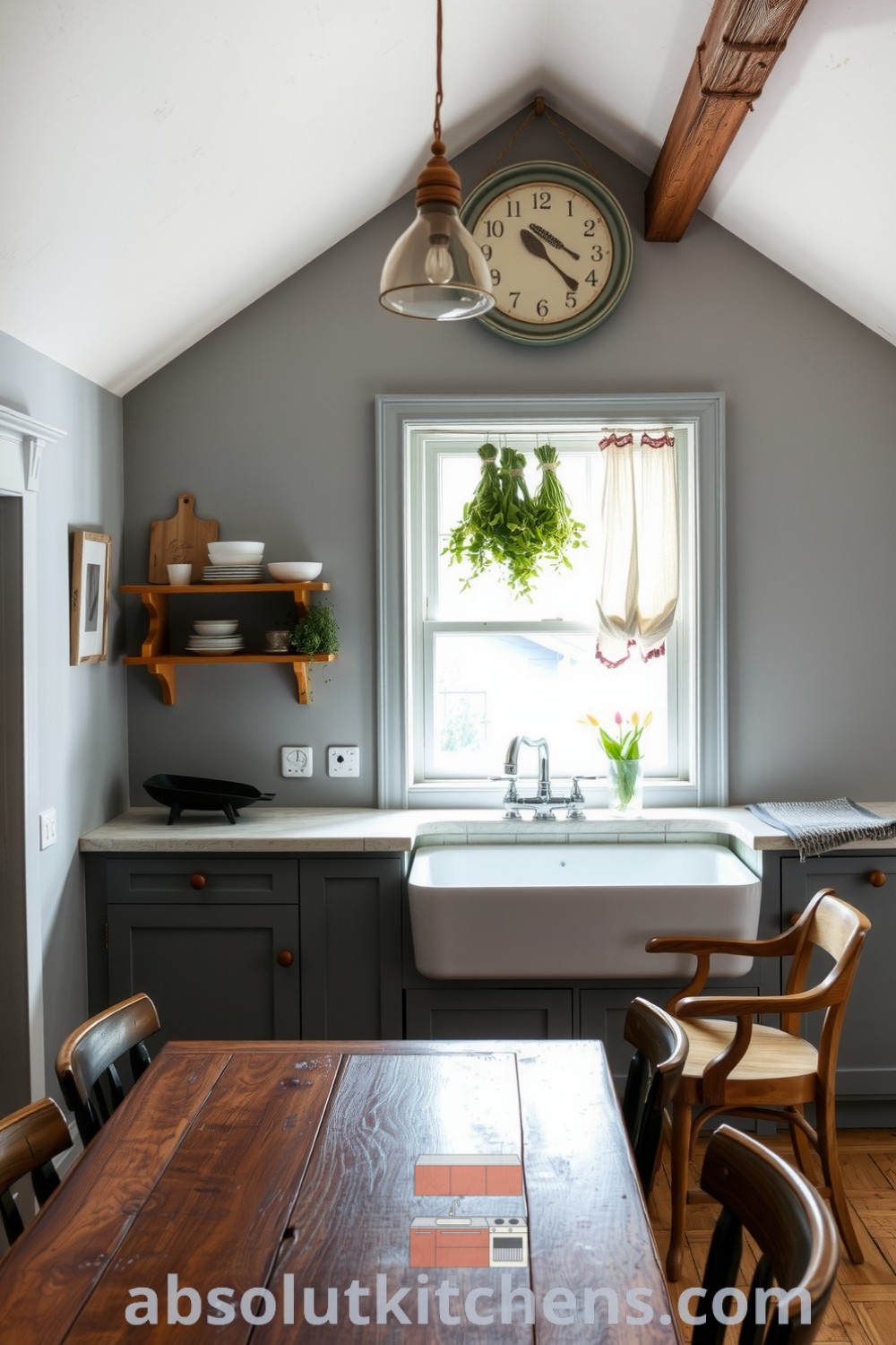 Cozy farmhouse kitchen featuring a large wooden table, mismatched chairs, a gleaming sink, and drying herbs above a window, designed for warmth and inviting comfort, perfect for your home decor inspirations. Visit absolutkitchens.com for ideas.