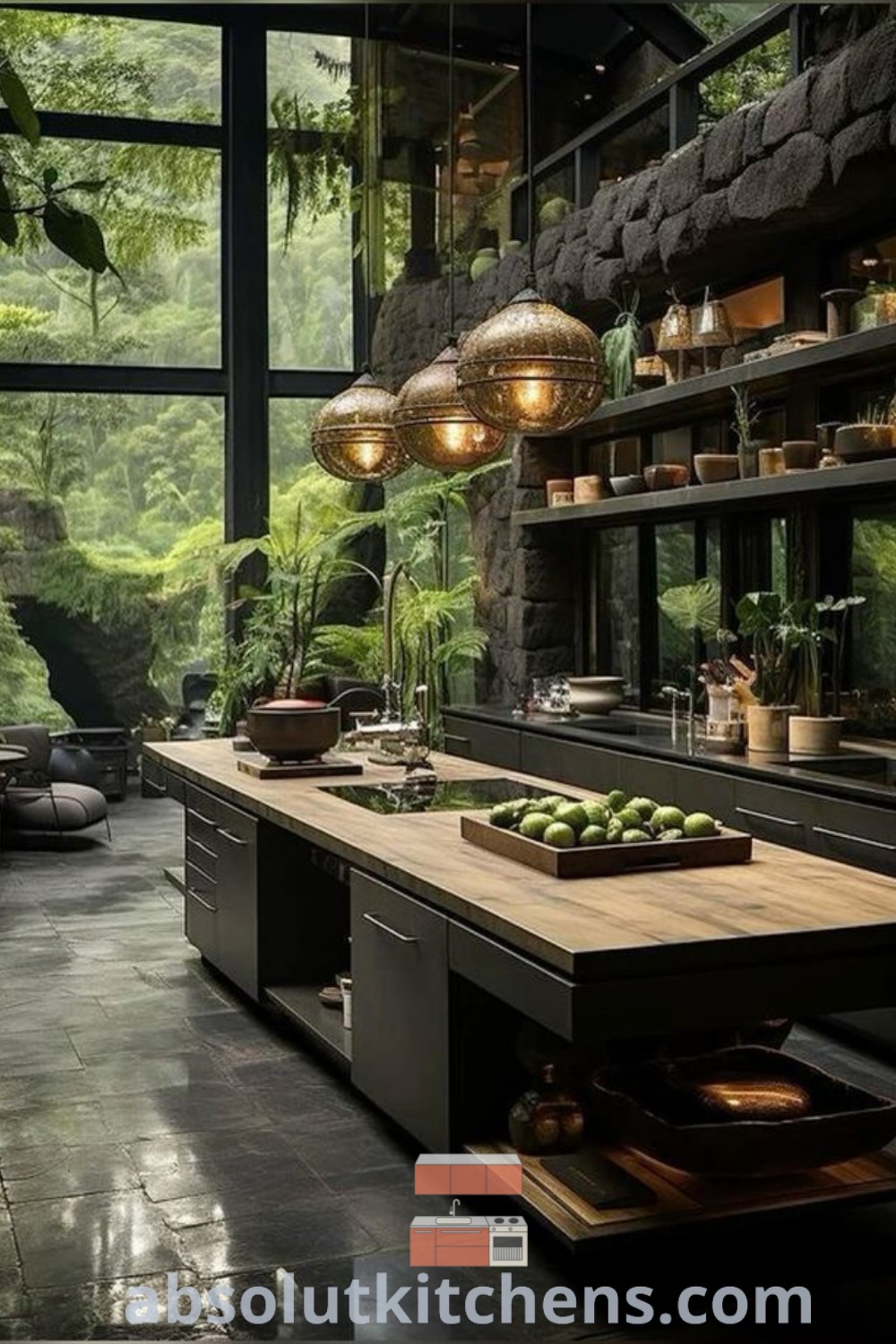 A modern dark kitchen with plants and hanging lights above the countertop, spacious windows showcasing a cozy aesthetic. This inspiring kitchen design offers ideas you need to see for house or apartment, featuring unique decor ideas for small spaces. Explore more at absolutkitchens.com.
