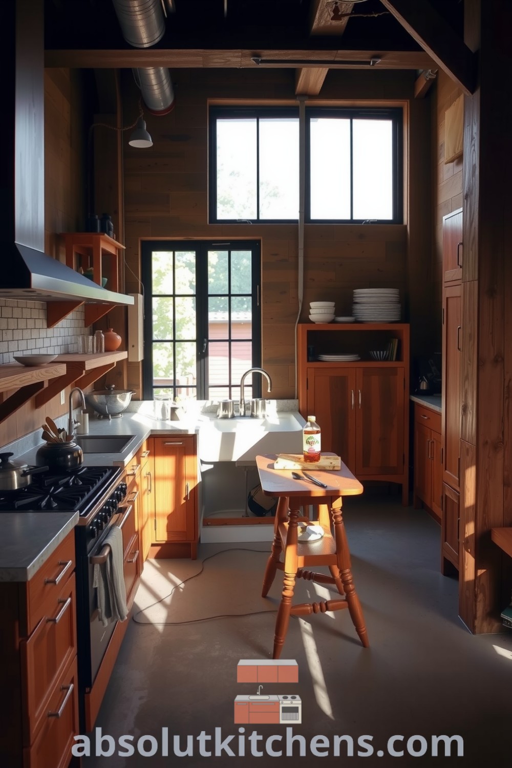 Loft kitchen featuring rich wooden cabinetry, a sleek concrete countertop, and a rustic antique table, illuminated by sunlight from industrial-style windows, showcasing cozy decor ideas and inspirations for your home on fireplacesandwoodstoves.com.
