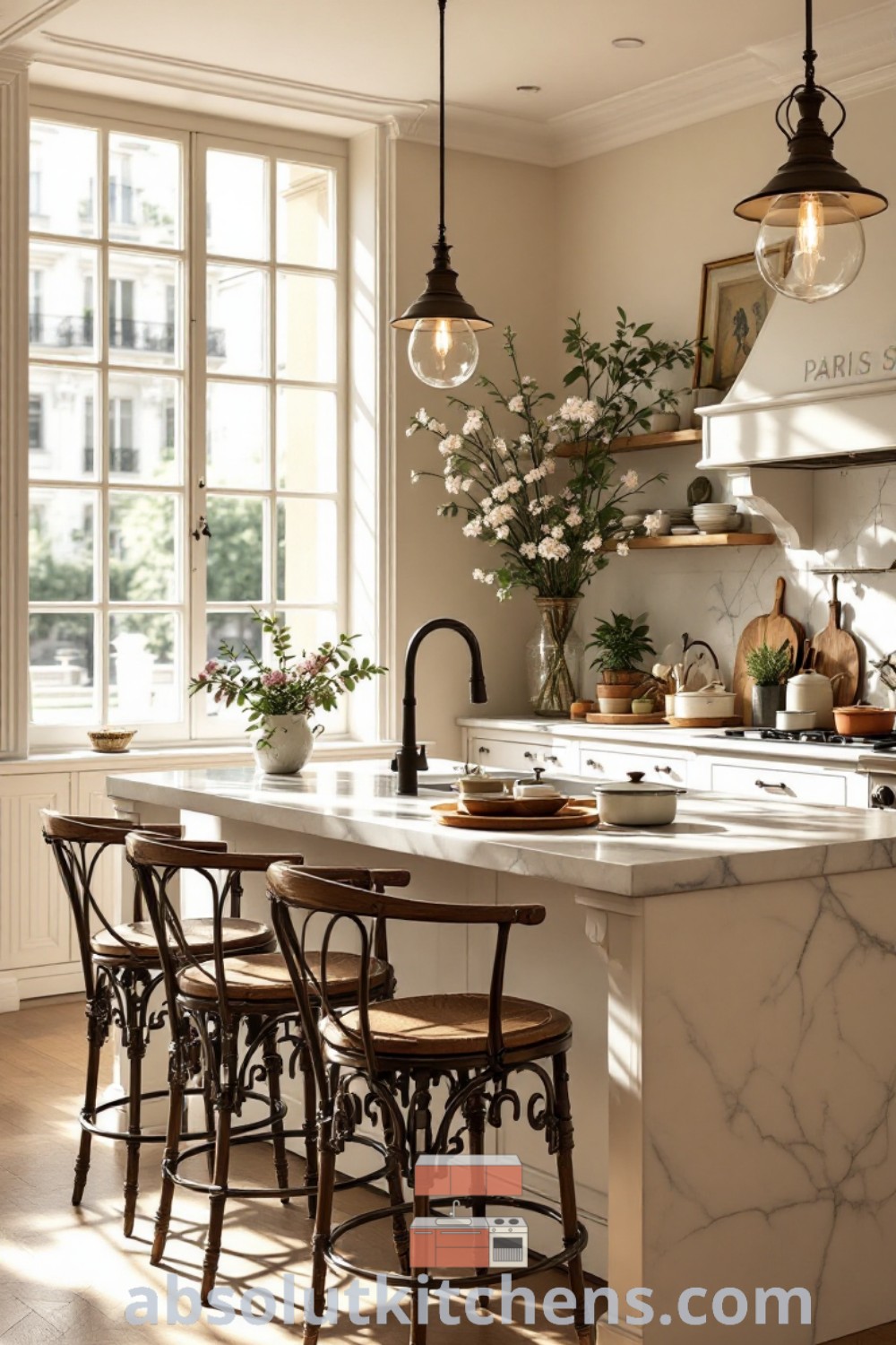 A Parisian Cafe inspired kitchen showcasing marble countertops, stools in front of a flower-adorned island, blending French apartment aesthetic and Parisian kitchen decor for a cozy atmosphere. Discover design tips for small spaces and cozy aesthetics at absolutkitchens.com.