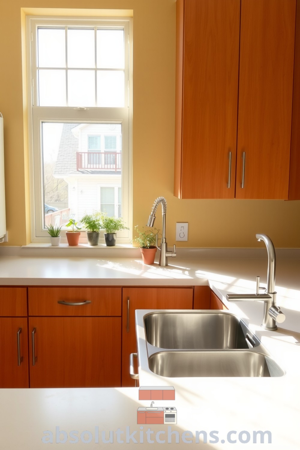 Minimalist kitchen with soft yellow tones, creamy quartz countertops, and warm wood cabinetry, featuring herbs in terracotta pots, inspiring cozy home decor ideas from fireplacesandwoodstoves.com.