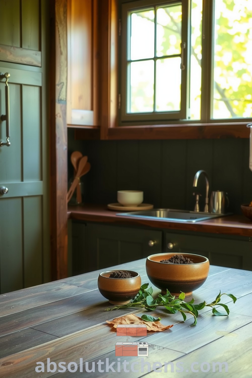 Cozy nature-inspired kitchen featuring reclaimed wood cabinets, earthy tones, handmade ceramic bowls, and fresh herbs on a weathered countertop, highlighting design ideas for a serene and welcoming atmosphere. Visit absolutkitchens.com for more cozy decor inspirations.