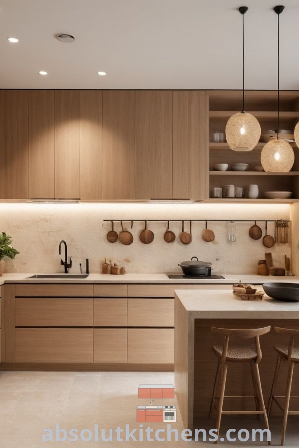 A clean and elegant Japandi kitchen featuring white cabinets, a well-designed countertop, and a cozy kitchen island. This unique kitchen design fosters a tranquil cooking environment, showcasing inspiring decor ideas and modern Japandi style. Explore more at wellnesswink.com.