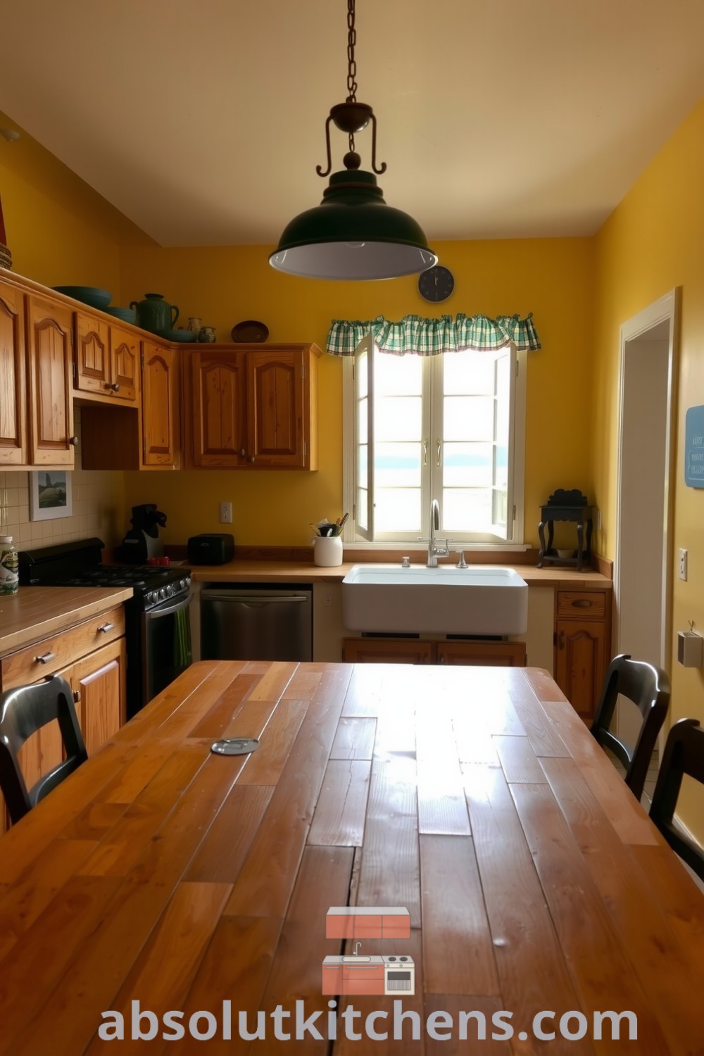 Cozy farmhouse kitchen featuring yellow walls, weathered wooden cabinets, a large oak table, and a vintage sink, offering design ideas and inspirations for a warm, inviting atmosphere. Visit absolutkitchens.com for more unique ideas.