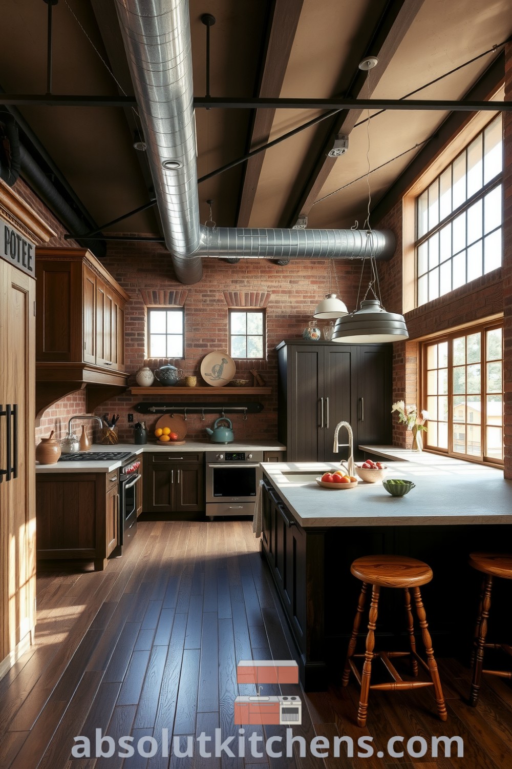 Loft kitchen designed with warm brown tones, weathered wooden cabinets, and a rough-hewn stone island, featuring vintage bar stools and large windows that allow natural light to create an inviting atmosphere, providing cozy decor ideas for your home. Visit fireplacesandwoodstoves.com for inspiring designs.