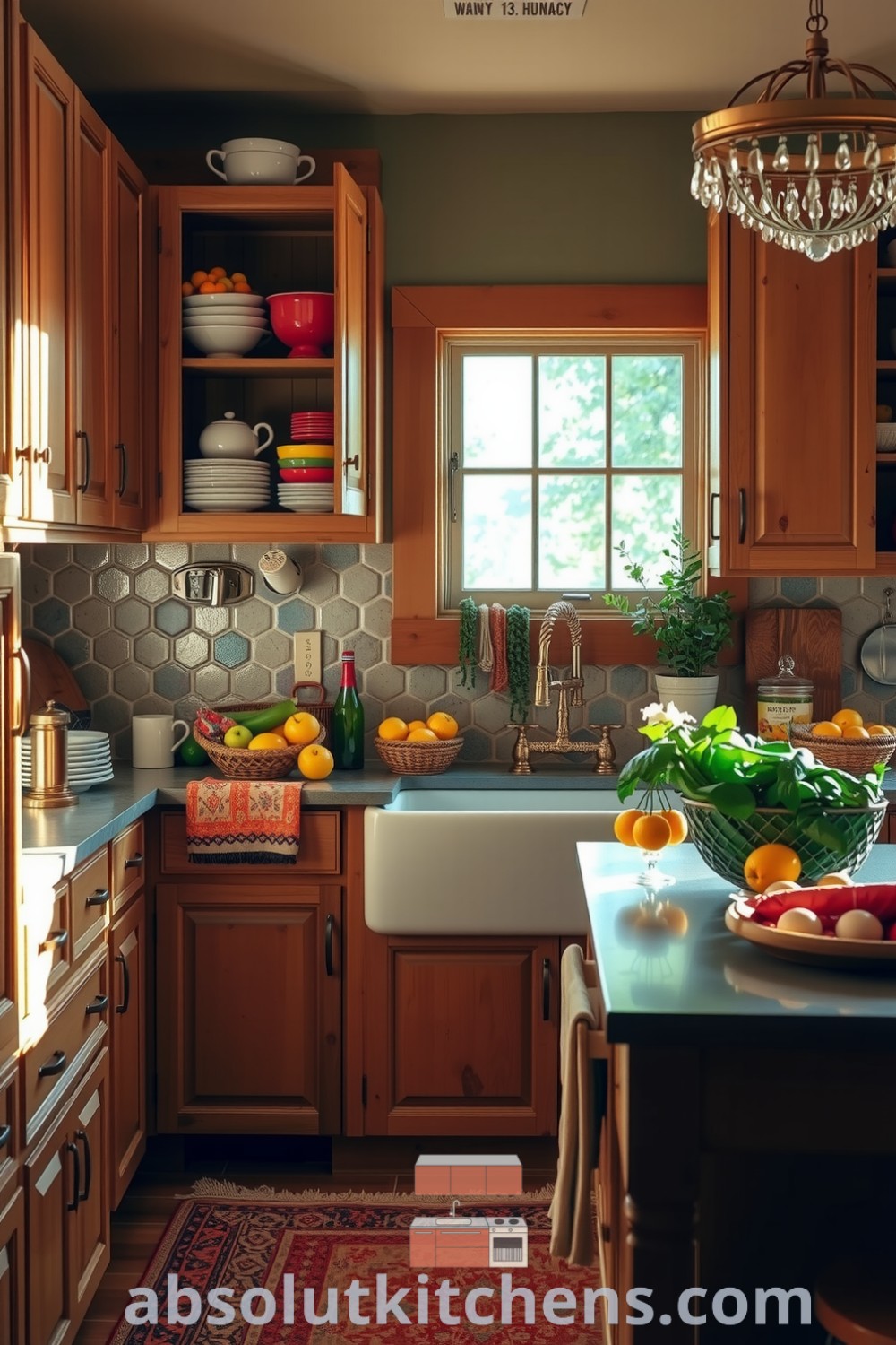 Cozy boho kitchen with reclaimed wood cabinets, colorful ceramic dishware, woven baskets of fresh produce, and a farmhouse sink, showcasing warm yellow light and earthy textures, perfect for creating a comfortable and inviting atmosphere. Visit absolutkitchens.com for inspirational décor ideas.