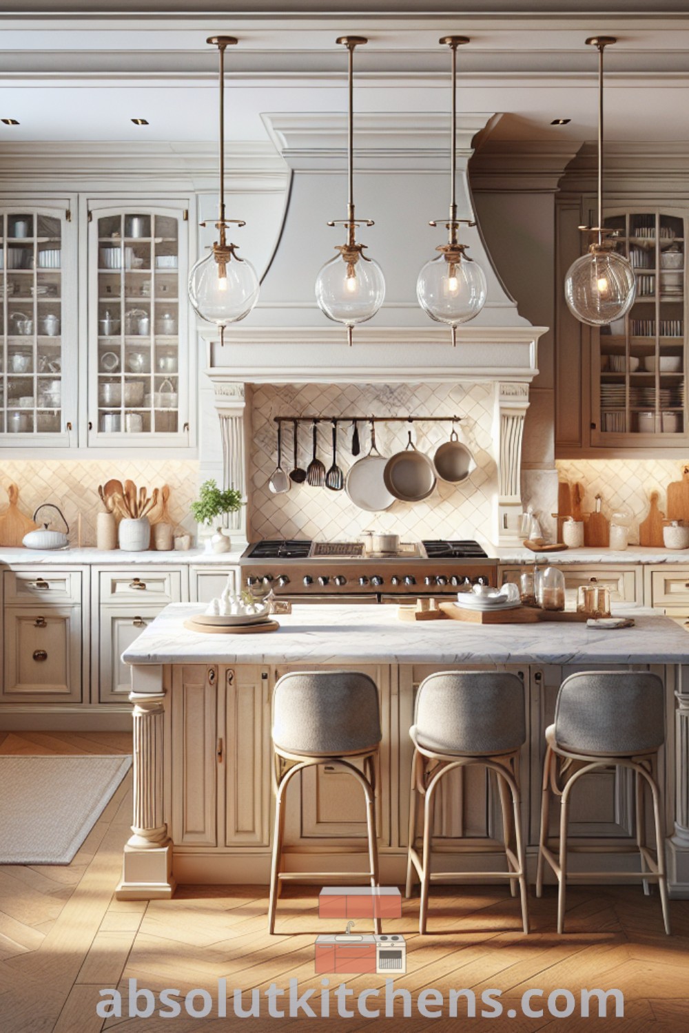 A cozy French farmhouse kitchen showcasing a marble-top island, light cream shaker cabinets, a six-burner gas range with a decorative hood, and glass pendant lights, providing inspiring kitchen stove hood design ideas. This elegantly decorated kitchen, featuring floor-to-ceiling windows and rustic elements, offers decor ideas for small spaces, illustrating the perfect blend of functionality and aesthetic appeal. For more kitchen inspiration, visit absolutkitchens.com.
