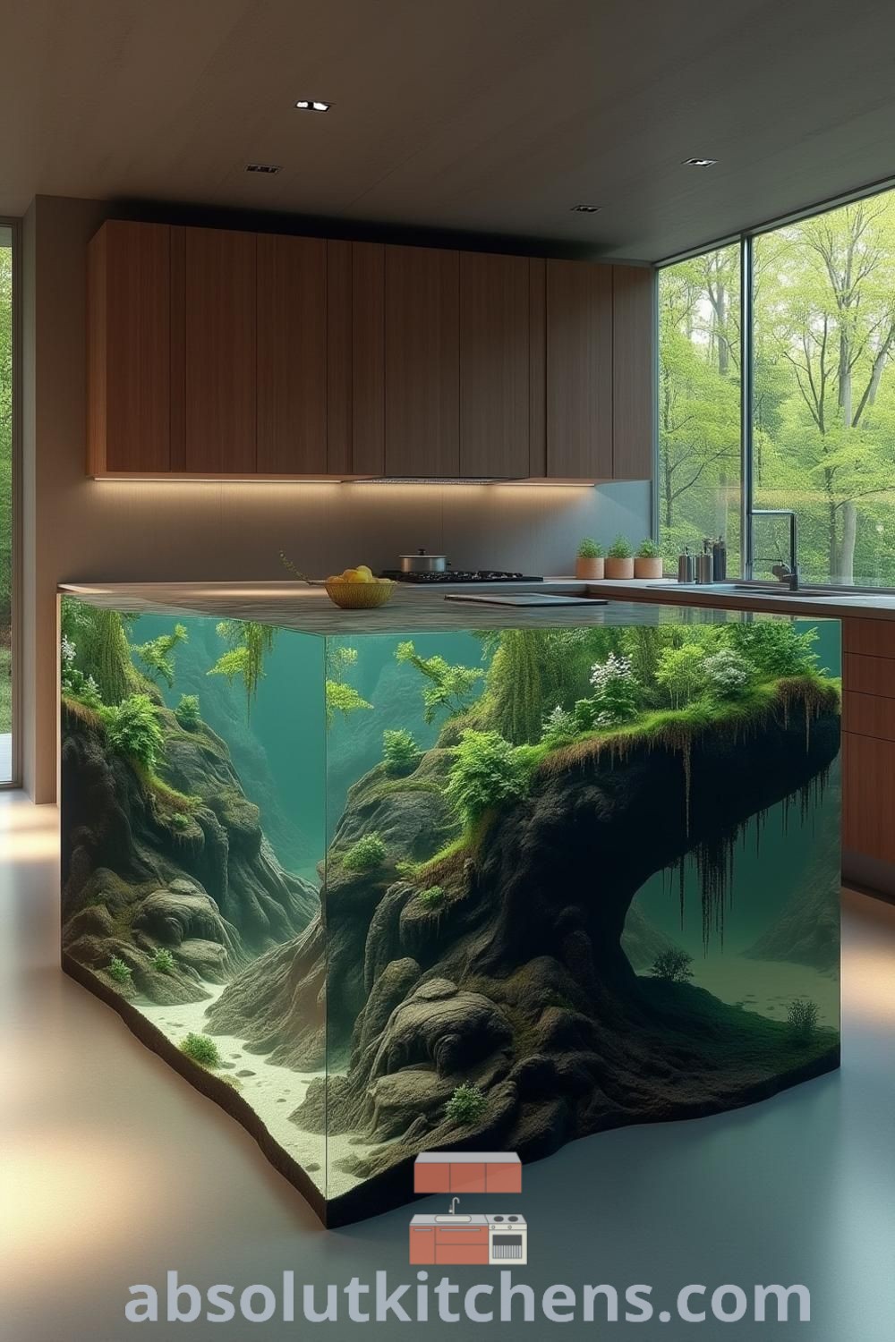 A hyper-realistic kitchen island showcasing a submerged forest landscape, intricate rock formations, and underwater greenery, surrounded by sleek wood-toned cabinetry and airy windows. This nature-inspired design offers functional benefits and cozy aesthetic ideas for modern homes. Explore more on absolutkitchens.com.