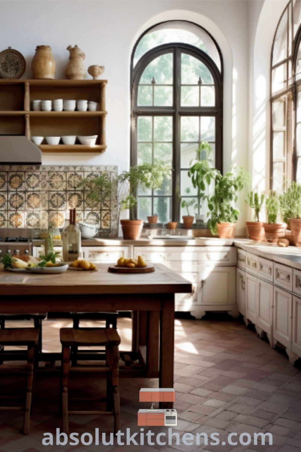 A clean and cozy rustic Mediterranean kitchen featuring beautiful decor, potted plants, and inviting design elements. This space highlights Mediterranean kitchen decor trends and offers inspiring ideas for house or apartment planning, with tips for creating a warm and functional cooking environment. Visit absolutkitchens.com for more ideas and design tips.