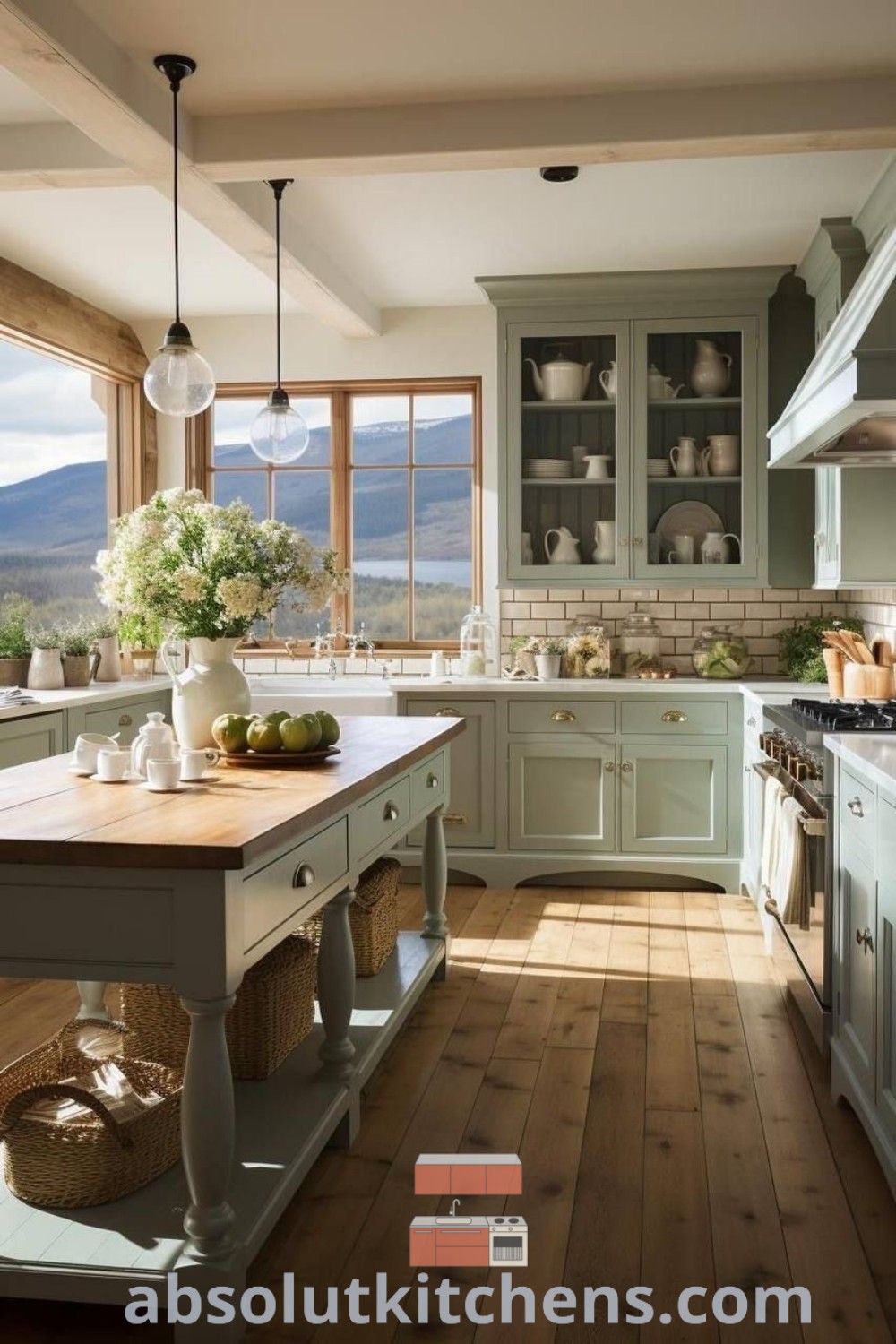 A spacious kitchen filled with lots of counter space next to a warm wooden floor covered in pots and pans, showcasing kitchen ideas with butcher block countertops. Discover large cozy kitchen design trends and inviting farmhouse pantry decor. Find more inspiring ideas for your home at absolutkitchens.com.