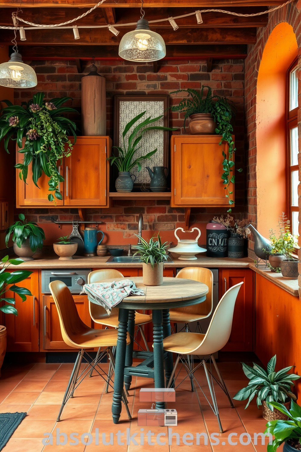 Cozy boho kitchen with earthy orange tones, exposed brick walls, wooden cabinets, and eclectic decor, featuring vibrant plants and mismatched chairs for an inviting atmosphere. Visit absolutkitchens.com for inspiring decor ideas for your home.