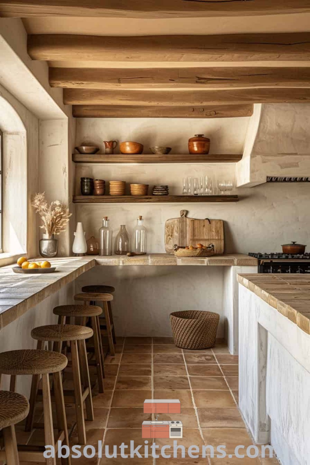 A spacious Spanish ranch style kitchen with lots of counter space and stools, showcasing terracotta tiles and adobe elements. This Mediterranean outdoor kitchen design offers cozy aesthetic features and inspiring decor ideas for homes or apartments, providing functional and beautiful space solutions at absolutkitchens.com.