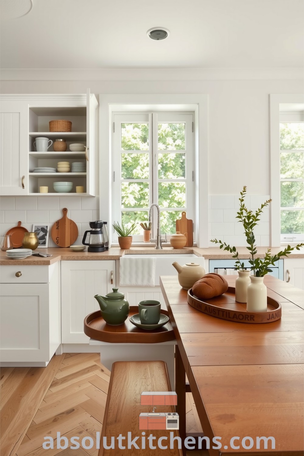 Cozy Scandinavian kitchen featuring white cabinets, natural wood accents, and stoneware dishes. The space is illuminated by soft morning light, showcasing warm decor and a view of greenery outside, offering unique ideas for your home. Visit fireplacesandwoodstoves.com for more inspiring designs.