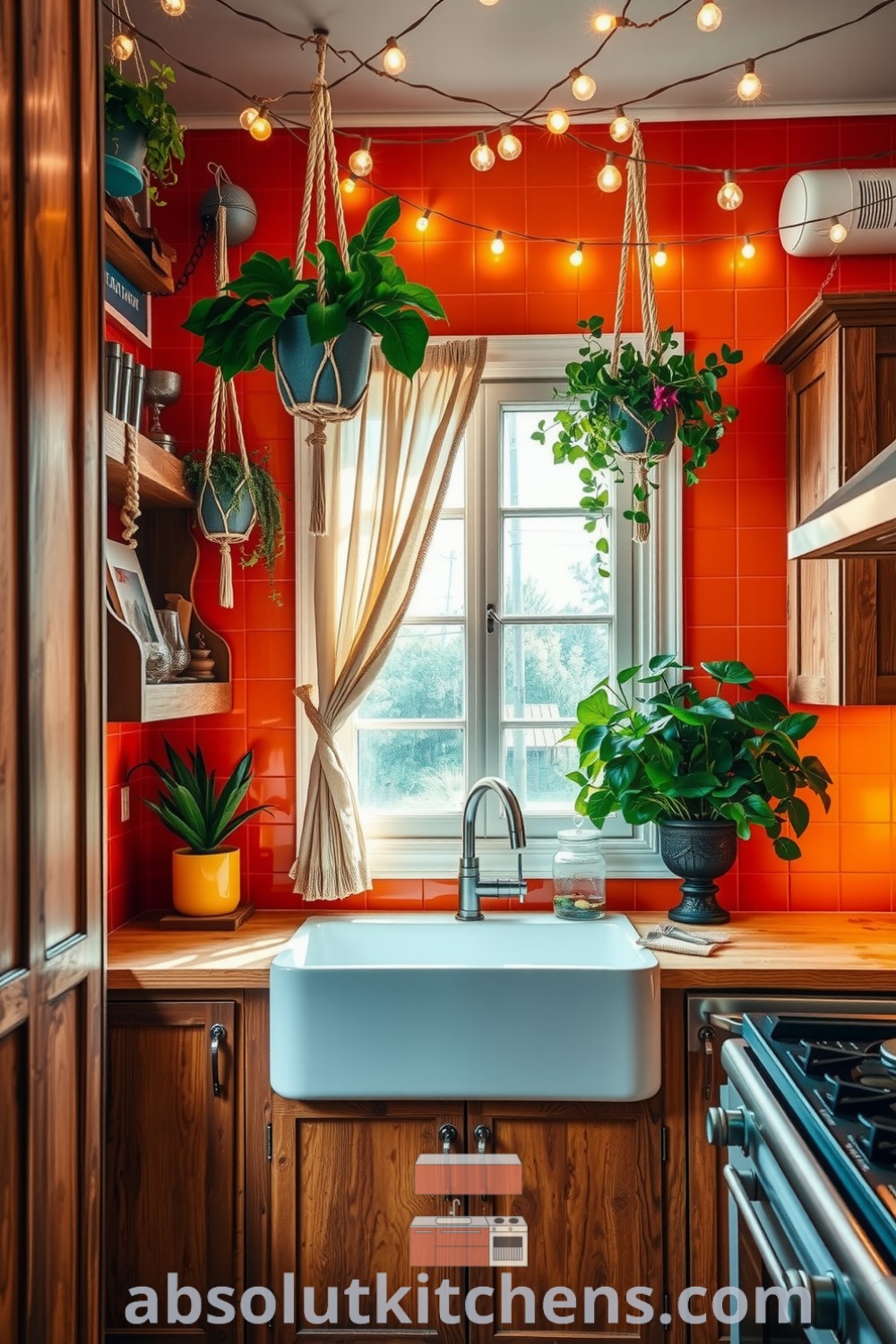 Boho kitchen featuring warm orange tiles, reclaimed wooden cabinetry, hanging macramé planters with greenery, and twinkling fairy lights, showcasing cozy decor ideas for a vibrant and inviting atmosphere. Visit absolutkitchens.com for more inspiring design ideas.